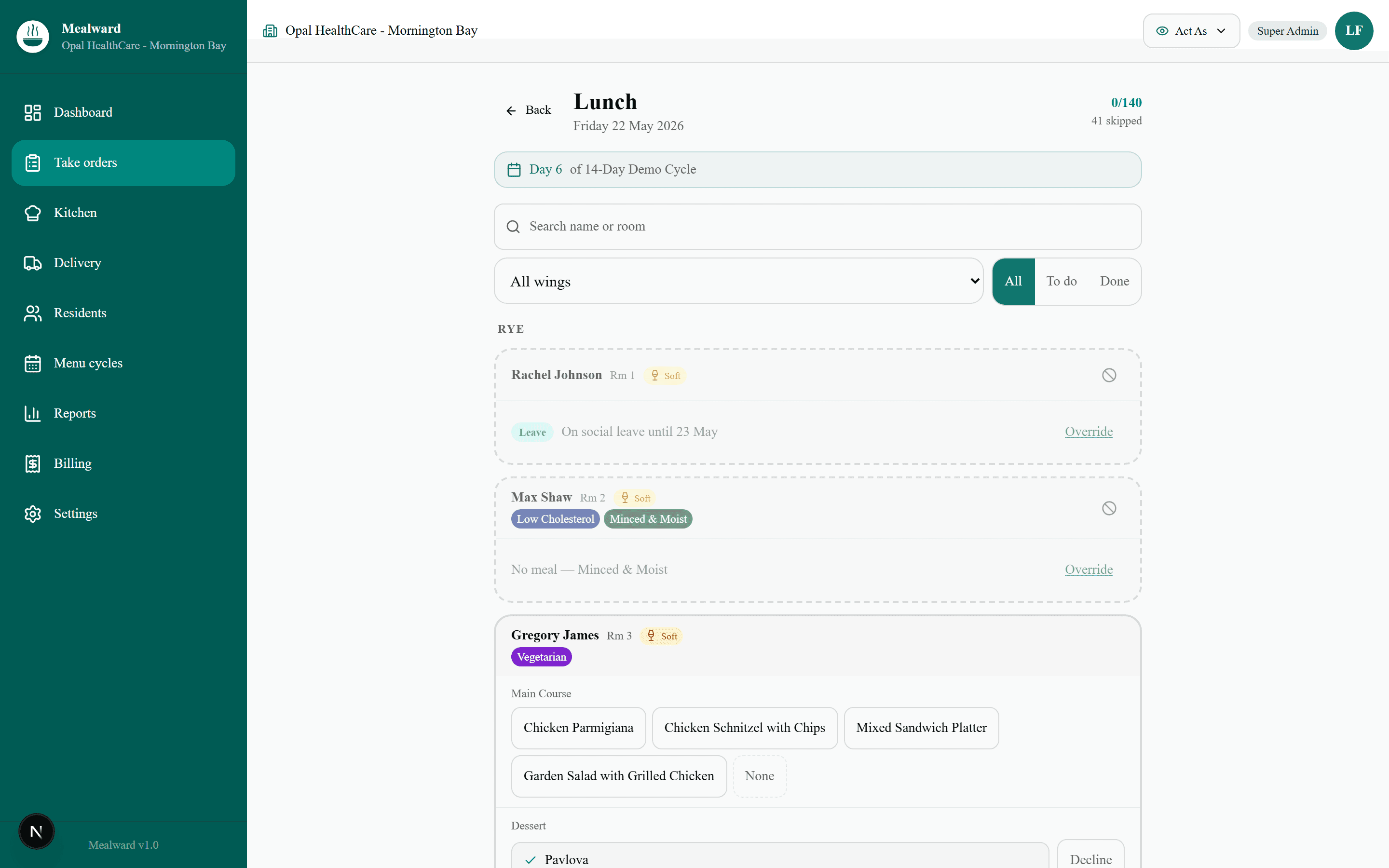 Mealward order-taking screen with residents grouped by wing, texture tags, and meal-option buttons